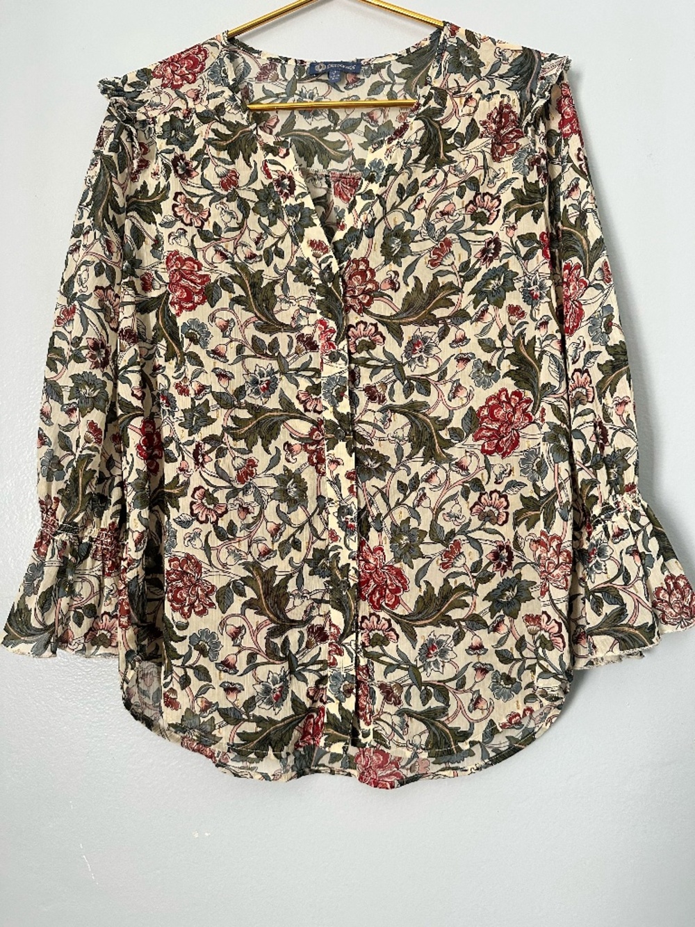 Democracy Elbow Sleeve Ruffle Split Neck Button Down Floral Print Woven Top